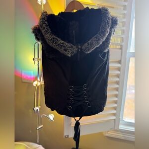 Anthropologie Black MURMUR Vest with Faux Fur Trim and detachable hood.